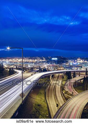 "Traffic light trails on city flyover at night, Seattle, Washington State, USA" View Large Photo Image Stock Image - "Traffic light trails on city flyover at night, Seattle, Washington State, USA". Fotosearch