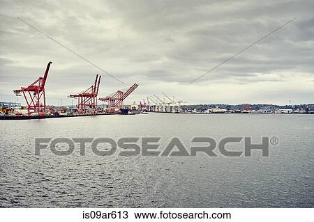 "View of river and Harbor Island cranes, Seattle, Washington State, USA" View Large Photo Image Stock Image - "View of river and Harbor Island cranes, Seattle, Washington State, USA". Fotosearch