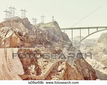 "View of valley rock face with distant bridge and pylons at Hoover Dam, Nevada, USA" View Large Photo Image Stock Image - "View of valley rock face with distant bridge and pylons at Hoover Dam, Nevada, USA". Fotosearch