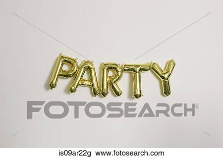 Stock Image - Word party in gold inflatable capital letters. Fotosearch