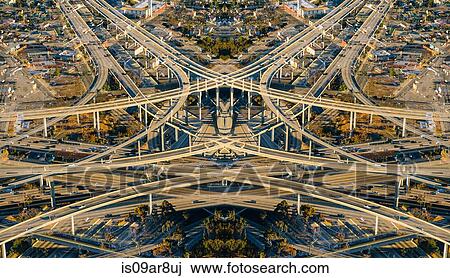 Abstract symmetrical aerial view of highways and flyovers, Los Angeles, California, USA View Large Photo Image Stock Image - Abstract symmetrical aerial view of highways and flyovers, Los Angeles, California, USA. Fotosearch