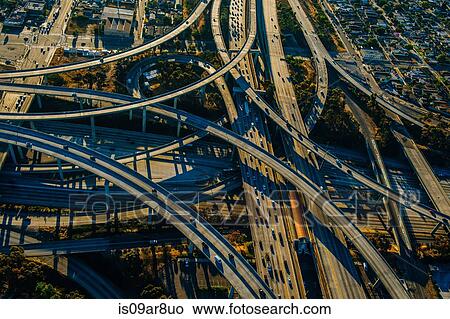 Aerial view of curved flyovers and multi lane highways, Los Angeles, California, USA View Large Photo Image Picture - Aerial view of curved flyovers and multi lane highways, Los Angeles, California, USA. Fotosearch