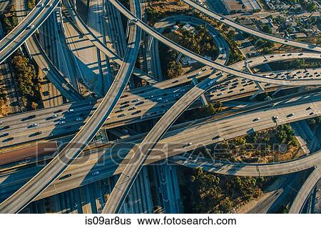 Stock Photograph - Aerial view of multi lane highways and flyovers, Los Angeles, California, USA. Fotosearch