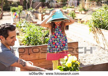 Mid adult man with daughter holding onto sunhat in community garden View Large Photo Image Stock Photography - Mid adult man with daughter holding onto sunhat in community garden. Fotosearch