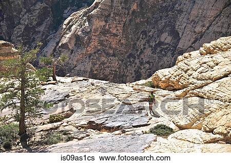 Stock Photograph - Rear view of young female hiker walking on rock, Mount Wilson, Nevada, USA. Fotosearch