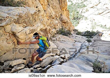 Picture - Young female rock climber pulling herself up crevice, Mount Wilson, Nevada, USA. Fotosearch