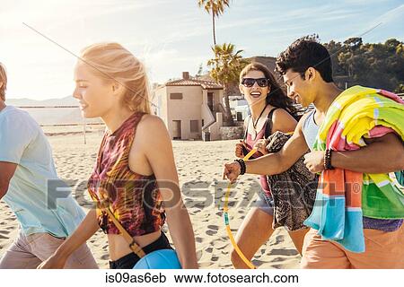 Stock Image - Group of friends walking on beach, ready for picnic. Fotosearch