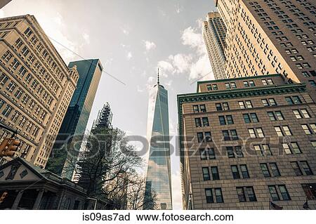 Stock Image - Low angle view of One World Trade Center, Manhattan, New York, USA. Fotosearch