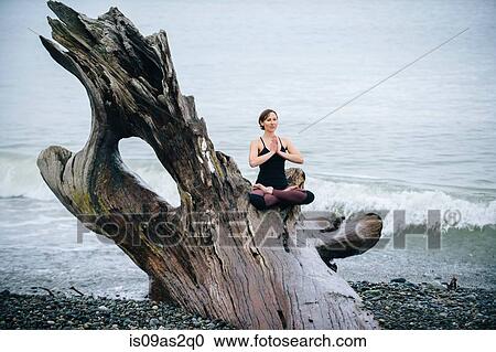 Stock Image - Mature woman practicing yoga lotus position on large driftwood tree trunk at beach. Fotosearch