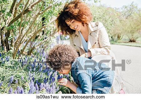 Mother and daughter bending over smelling flowers View Large Photo Image Stock Photograph - Mother and daughter bending over smelling flowers. Fotosearch