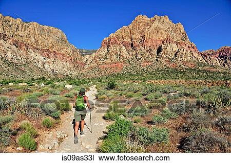 Rear view of hiker walking along trail, First Creek, Las Vegas, Nevada, USA View Large Photo Image Stock Image - Rear view of hiker walking along trail, First Creek, Las Vegas, Nevada, USA. Fotosearch