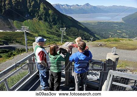 Tourists looking at view from Roundhouse observation deck, Alyeska Resort, Girdwood, Alaska, USA View Large Photo Image Stock Photo - Tourists looking at view from Roundhouse observation deck, Alyeska Resort, Girdwood, Alaska, USA. Fotosearch