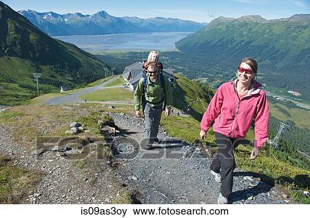 Stock Photo - Tourists on pathway, Mighty Might Trail, Alyeska Resort, Turnagain Arm, Mt. Alyeska, Girdwood, Alaska, USA. Fotosearch