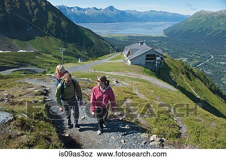 Stock Photo - Tourists on pathway, Mighty Might Trail, Alyeska Resort, Turnagain Arm, Mt. Alyeska, Girdwood, Alaska, USA. Fotosearch