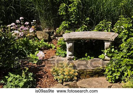 Border with romanesque garden bench and perennial plants, flowers and shrubs in spring season View Large Photo Image Stock Image - Border with romanesque garden bench and perennial plants, flowers and shrubs in spring season. Fotosearch