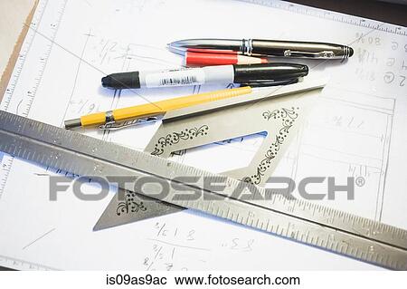 High angle view of stationary and metal ruler on blueprint View Large Photo Image Stock Image - High angle view of stationary and metal ruler on blueprint. Fotosearch