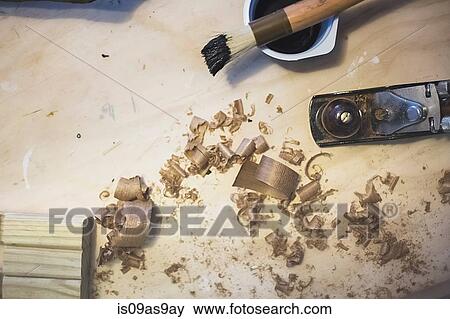 High angle view of wood plane and wood shavings View Large Photo Image Stock Photo - High angle view of wood plane and wood shavings. Fotosearch