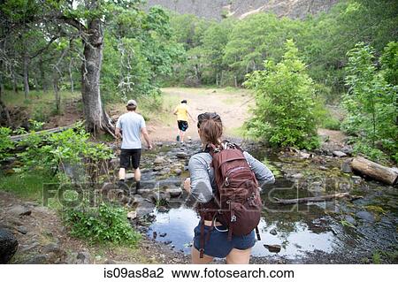 Stock Image - Small group of friends hiking across stream, rear view. Fotosearch