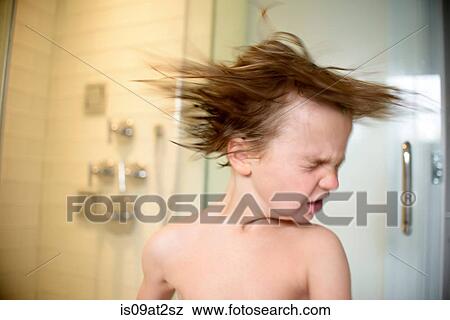 Boy shaking wet hair View Large Photo Image Stock Photo - Boy shaking wet hair. Fotosearch