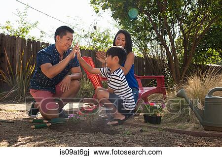 Father and son giving high five in garden View Large Photo Image Stock Image - Father and son giving high five in garden. Fotosearch