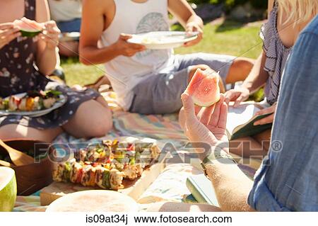 Stock Image - Friends at picnic party. Fotosearch