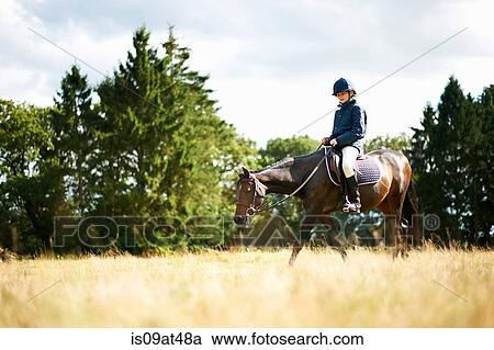 Girl horseback riding in field View Large Photo Image Stock Image - Girl horseback riding in field. Fotosearch