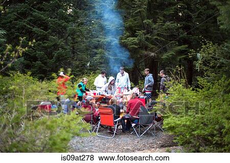 Group of friends having picnic in forest View Large Photo Image Stock Photo - Group of friends having picnic in forest. Fotosearch