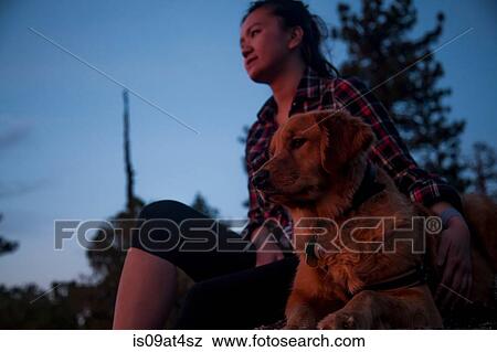 Low angle view of young woman sitting with arm around dog looking away View Large Photo Image Stock Photo - Low angle view of young woman sitting with arm around dog looking away. Fotosearch