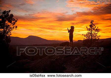 "Silhouette of young woman and dog with dramatic orange sky, High Sierra National Park, California, USA" View Large Photo Image Stock Photo - "Silhouette of young woman and dog with dramatic orange sky, High Sierra National Park, California, USA". Fotosearch