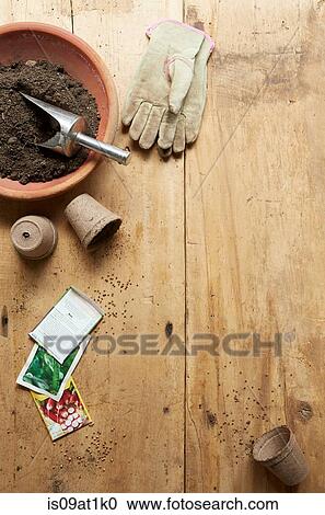 "Still life of gardening gloves, plant pots, and plant seeds" View Large Photo Image Stock Image - "Still life of gardening gloves, plant pots, and plant seeds". Fotosearch