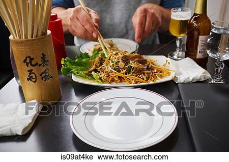 Stock Image - View of person tucking into plate of noodles. Fotosearch