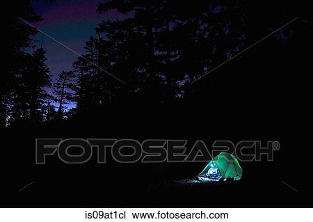 Stock Image - "Young woman camping at night, Mount Charleston Wilderness trail, Nevada, USA". Fotosearch