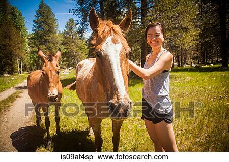 Stock Photography - "Young woman stroking horse looking at camera smiling, High Sierra National Park, California, USA". Fotosearch