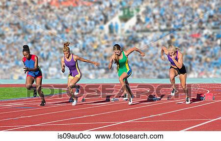 Four female athletes on athletics track, leaving starting blocks View Large Photo Image Picture - Four female athletes on athletics track, leaving starting blocks. Fotosearch