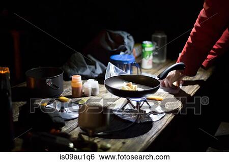 Hiker preparing dinner at camp View Large Photo Image Stock Photograph - Hiker preparing dinner at camp. Fotosearch