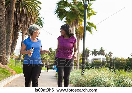 Mature female friends walking in park, holding water bottles View Large Photo Image Stock Photograph - Mature female friends walking in park, holding water bottles. Fotosearch