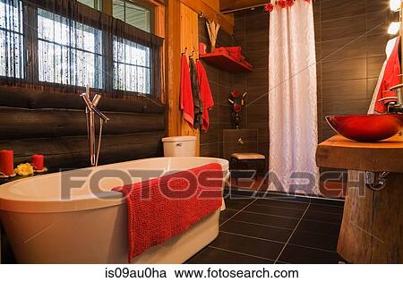 Modern bathroom in log cabin, red accessories View Large Photo Image Stock Image - Modern bathroom in log cabin, red accessories. Fotosearch
