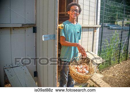 Stock Photo - Portrait of boy in hen house with basket of eggs. Fotosearch