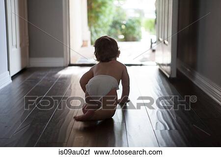 Rear view of baby boy wearing nappy crawling towards open front door View Large Photo Image Stock Image - Rear view of baby boy wearing nappy crawling towards open front door. Fotosearch