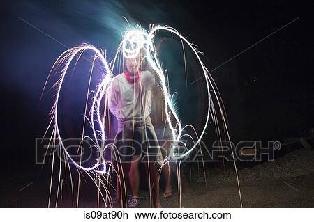 Stock Image - Two adult friends making sparkler angel wings in darkness on Independence Day, USA. Fotosearch