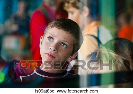 View through glass of young boy on outing looking up thoughtfully View Large Photo Image Stock Image - View through glass of young boy on outing looking up thoughtfully. Fotosearch