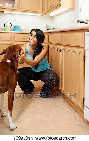 Woman playing with dog in kitchen View Large Photo Image Picture - Woman playing with dog in kitchen. Fotosearch