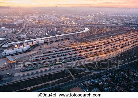 Aerial view of oil refinery and cargo containers, evening, Los Angeles, California, USA View Large Photo Image Stock Image - Aerial view of oil refinery and cargo containers, evening, Los Angeles, California, USA. Fotosearch