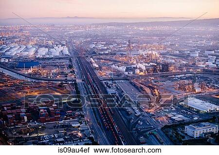 Stock Image - Aerial view of oil refinery, evening, Los Angeles, California, USA. Fotosearch
