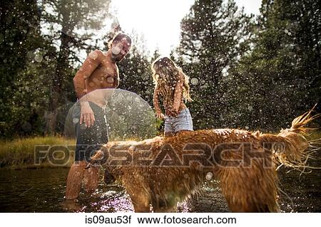 Stock Image - Dog splashing young couple in river, Lake Tahoe, Nevada, USA. Fotosearch