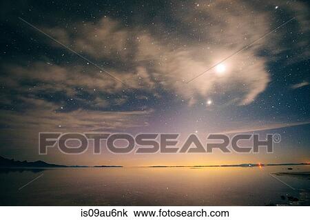 Full moon and starry evening sky over water, Bonneville, Utah, USA View Large Photo Image Stock Image - Full moon and starry evening sky over water, Bonneville, Utah, USA. Fotosearch