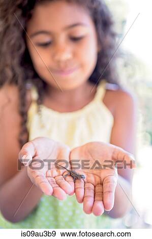 Girl holding small reptile on palm of hands, focus on foreground View Large Photo Image Stock Photo - Girl holding small reptile on palm of hands, focus on foreground. Fotosearch