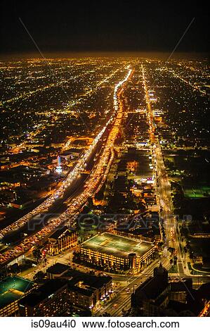 Stock Image - High angle view of city and highways, Los Angeles, California, USA. Fotosearch