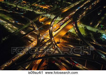 Stock Image - High angle view of city and highways, Los Angeles, California, USA. Fotosearch