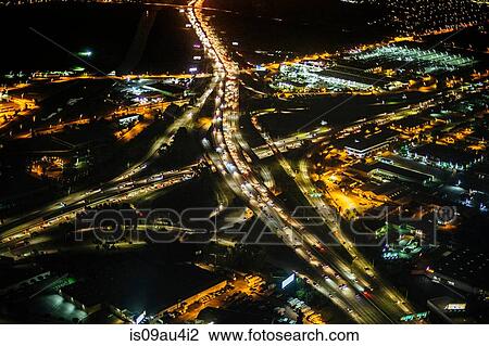 Stock Image - High angle view of city and highways, Los Angeles, California, USA. Fotosearch